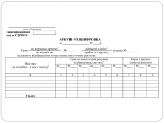 ________________________________
назва підприємства
Ідентифікаційний
код за ЄДРПОУ
АРКУШ-РОЗШИФРОВКА
за __________________ 20 ____ р.
Суми
по журналах-ордерах1
№ ________
віднесені в дебет1
рахунку № ________
по відомостях прийнято з кредиту
підлягають відображенню по наступних аналітичних рахунках:
Підстава
(де потрібно – і зміст запису)2
Суми по аналітичних рахунках
(субрахунках, статтях)3
Разом з кредиту
(дебету) рахунків
№____ №____ №____ №____ №____ №____ №____ №____ №____
А 1 2 3 4 5 6 7 8 9
Усього
 