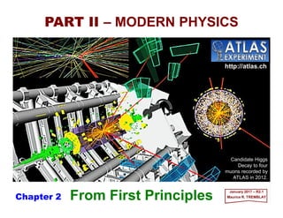 From First Principles
PART II – MODERN PHYSICS
May 2017 – R2.1
Maurice R. TREMBLAY
http://atlas.ch
Candidate Higgs
Decay to four
muons recorded by
ATLAS in 2012.
Chapter 2
 