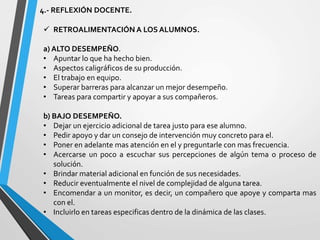 4.- REFLEXIÓN DOCENTE.
 RETROALIMENTACIÓN A LOS ALUMNOS.
a) ALTO DESEMPEÑO.
• Apuntar lo que ha hecho bien.
• Aspectos caligráficos de su producción.
• El trabajo en equipo.
• Superar barreras para alcanzar un mejor desempeño.
• Tareas para compartir y apoyar a sus compañeros.
b) BAJO DESEMPEÑO.
• Dejar un ejercicio adicional de tarea justo para ese alumno.
• Pedir apoyo y dar un consejo de intervención muy concreto para el.
• Poner en adelante mas atención en el y preguntarle con mas frecuencia.
• Acercarse un poco a escuchar sus percepciones de algún tema o proceso de
solución.
• Brindar material adicional en función de sus necesidades.
• Reducir eventualmente el nivel de complejidad de alguna tarea.
• Encomendar a un monitor, es decir, un compañero que apoye y comparta mas
con el.
• Incluirlo en tareas especificas dentro de la dinámica de las clases.
 