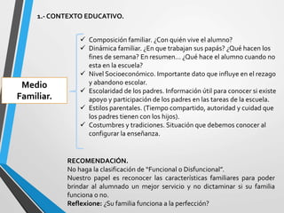 1.- CONTEXTO EDUCATIVO.
Medio
Familiar.
 Composición familiar. ¿Con quién vive el alumno?
 Dinámica familiar. ¿En que trabajan sus papás? ¿Qué hacen los
fines de semana? En resumen… ¿Qué hace el alumno cuando no
esta en la escuela?
 Nivel Socioeconómico. Importante dato que influye en el rezago
y abandono escolar.
 Escolaridad de los padres. Información útil para conocer si existe
apoyo y participación de los padres en las tareas de la escuela.
 Estilos parentales. (Tiempo compartido, autoridad y cuidad que
los padres tienen con los hijos).
 Costumbres y tradiciones. Situación que debemos conocer al
configurar la enseñanza.
RECOMENDACIÓN.
No haga la clasificación de “Funcional o Disfuncional”.
Nuestro papel es reconocer las características familiares para poder
brindar al alumnado un mejor servicio y no dictaminar si su familia
funciona o no.
Reflexione: ¿Su familia funciona a la perfección?
 