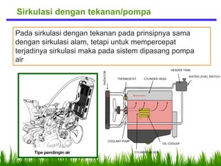 Pada sirkulasi dengan tekanan pada prinsipnya sama
dengan sirkulasi alam, tetapi untuk mempercepat
terjadinya sirkulasi maka pada sistem dipasang pompa
air
Sirkulasi dengan tekanan/pompa
THERMOSTAT CYLINDER HEAD
HEADER TANK
WATER LEVEL SWITCH
RADIATOR
COOLANT PUMP
CYLINDER BLOCK
OIL COOLER
 