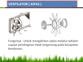 Fungsinya : Untuk mengalirkan udara melalui radiator
supaya pendinginan tidak tergantung pada kecepatan
kendaraan.
VENTILATOR ( KIPAS )
 