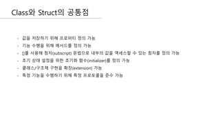 Class와 Struct의 공통점
- 값을 저장하기 위해 프로퍼티 정의 가능
- 기능 수행을 위해 메서드를 정의 가능
- []를 사용해 첨자(subscript) 문법으로 내부의 값을 액세스할 수 있는 첨자를 정의 가능
- 초기 상태 설정을 위한 초기화 함수(initializer)를 정의 가능
- 클래스/구조체 구현을 확장(extension) 가능
- 특정 기능을 수행하기 위해 특정 프로토콜을 준수 가능
 