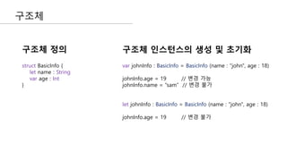 구조체
struct BasicInfo {
let name : String
var age : Int
}
var johnInfo : BasicInfo = BasicInfo (name : "john", age : 18)
johnInfo.age = 19 // 변경 가능
johnInfo.name = “sam” // 변경 불가
let johnInfo : BasicInfo = BasicInfo (name : "john", age : 18)
johnInfo.age = 19 // 변경 불가
구조체 정의 구조체 인스턴스의 생성 및 초기화
 