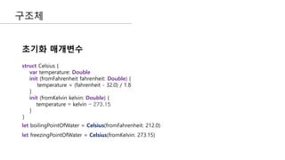 구조체
struct Celsius {
var temperature: Double
init (fromFahrenheit fahrenheit: Double) {
temperature = (fahrenheit - 32.0) / 1.8
}
init (fromKelvin kelvin: Double) {
temperature = kelvin - 273.15
}
}
let boilingPointOfWater = Celsius(fromFahrenheit: 212.0)
let freezingPointOfWater = Celsius(fromKelvin: 273.15)
초기화 매개변수
 