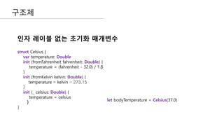 구조체
인자 레이블 없는 초기화 매개변수
struct Celsius {
var temperature: Double
init (fromFahrenheit fahrenheit: Double) {
temperature = (fahrenheit - 32.0) / 1.8
}
init (fromKelvin kelvin: Double) {
temperature = kelvin - 273.15
}
init (_ celsius: Double) {
temperature = celsius
}
}
let bodyTemperature = Celsius(37.0)
 