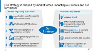 19
Our strategy is shaped by market forces impacting our clients and our
key assets
Forces impacting our clients
1 Acceleration away from cash to
electronic payments
2 Proliferation of POS solutions
3 Increasing complexity of
consumer payments
4 Convergence of payments and
commerce
5 Growing consumer expectation
for omni-channel experiences
Verifone’s key assets
Differentiated relationship
management, product and
engineering talent
Deep experience in payments
security and regulations
Global scale and local execution
Comprehensive portfolio of
devices and services
A trusted brand
Our
Strategy
 