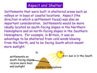 Settlements that were built in sheltered areas such as
valleys or in bays at coastal locations. Aspect (the
direction in which a settlement faces) was also an
important consideration. Settlements would be more
ideally located on south-facing slopes in the Northern
Hemisphere and on north-facing slopes in the Southern
Hemisphere. For example, in Britain, it was an
advantage to be sheltered from cold winds blowing
from the North, and to be facing South which meant
more sunlight.
Aspect and Shelter
Northern Hemisphere
sun is in the Southsettlements on
south-facing slopes
receive more heat
and sunlight
SN
 