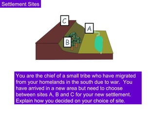Settlement Sites
A
B
C
You are the chief of a small tribe who have migrated
from your homelands in the south due to war. You
have arrived in a new area but need to choose
between sites A, B and C for your new settlement.
Explain how you decided on your choice of site.
 