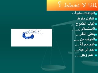 ‫ملاذا‬‫ال‬‫نخطط‬‫؟‬
، ‫سلبية‬ ‫اتجاهات‬
‫مفرط‬ ‫تفاؤل‬
‫الطموح‬ ‫غياب‬
‫ل‬ ‫االستسالم‬. ...
‫التقـ‬ ‫بعض‬....
‫من‬ ‫الخوف‬....
‫معرفة‬ ‫عدم‬...
‫الرغبة‬ ‫عدم‬....
‫وجو‬ ‫عدم‬. ...
 