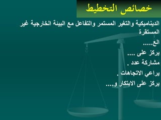 ‫التخطيط‬ ‫خصائص‬
‫الخارج‬ ‫البيئة‬ ‫مع‬ ‫والتفاعل‬ ‫المستمر‬ ‫والتغير‬ ‫الديناميكية‬‫غير‬ ‫ية‬
‫المستقرة‬
‫الع‬.....
‫على‬ ‫يركز‬....
‫عدد‬ ‫مشاركة‬.
‫االتجاهات‬ ‫يراعي‬.
‫و‬ ‫االبتكار‬ ‫على‬ ‫يركز‬....
 