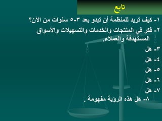 ‫اتبع‬
1-‫بعد‬ ‫تبدو‬ ‫أن‬ ‫للمنظمة‬ ‫تريد‬ ‫كيف‬3-5‫اآلن؟‬ ‫من‬ ‫سنوات‬
2-‫واألسواق‬ ‫والتسهيالت‬ ‫والخدمات‬ ‫المنتجات‬ ‫في‬ ‫فكر‬
‫والعمالء‬ ‫المستهدفة‬.
3-‫هل‬
4-‫هل‬
5-‫هل‬
6-‫هل‬
7-‫هل‬
8-‫مفهومة‬ ‫الرؤية‬ ‫هذه‬ ‫هل‬.
 