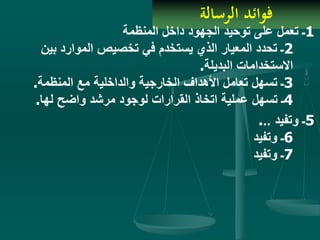 ‫الرسالة‬ ‫فوائد‬
1‫المنظمة‬ ‫داخل‬ ‫الجهود‬ ‫توحيد‬ ‫على‬ ‫تعمل‬ ‫ـ‬
2‫بي‬ ‫الموارد‬ ‫تخصيص‬ ‫في‬ ‫يستخدم‬ ‫الذي‬ ‫المعيار‬ ‫تحدد‬ ‫ـ‬‫ن‬
‫البديلة‬ ‫االستخدامات‬.
3‫المنظمة‬ ‫مع‬ ‫والداخلية‬ ‫الخارجية‬ ‫األهداف‬ ‫تعامل‬ ‫تسهل‬ ‫ـ‬.
4‫لها‬ ‫واضح‬ ‫مرشد‬ ‫لوجود‬ ‫القرارات‬ ‫اتخاذ‬ ‫عملية‬ ‫تسهل‬ ‫ـ‬.
5‫وتفيد‬ ‫ـ‬...
6‫وتفيد‬ ‫ـ‬
7‫وتفيد‬ ‫ـ‬
 