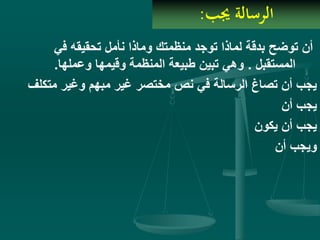 ‫جيب‬ ‫الرسالة‬:
‫في‬ ‫تحقيقه‬ ‫نأمل‬ ‫وماذا‬ ‫منظمتك‬ ‫توجد‬ ‫لماذا‬ ‫بدقة‬ ‫توضح‬ ‫أن‬
‫المستقبل‬.‫وعملها‬ ‫وقيمها‬ ‫المنظمة‬ ‫طبيعة‬ ‫تبين‬ ‫وهي‬.
‫مت‬ ‫وغير‬ ‫مبهم‬ ‫غير‬ ‫مختصر‬ ‫نص‬ ‫في‬ ‫الرسالة‬ ‫تصاغ‬ ‫أن‬ ‫يجب‬‫كلف‬
‫أن‬ ‫يجب‬
‫يكون‬ ‫أن‬ ‫يجب‬
‫أن‬ ‫ويجب‬
 