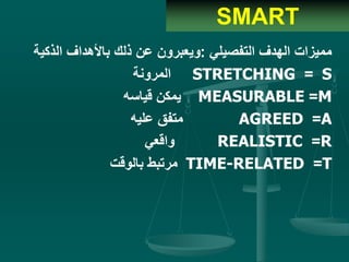 SMART
‫التفصيلي‬ ‫الهدف‬ ‫مميزات‬:‫الذكي‬ ‫باألهداف‬ ‫ذلك‬ ‫عن‬ ‫ويعبرون‬‫ة‬
S=STRETCHING‫المرونة‬
M=MEASURABLE‫قياسه‬ ‫يمكن‬
A=AGREED‫عليه‬ ‫متفق‬
R=REALISTIC‫واقعي‬
T=TIME-RELATED‫بالوقت‬ ‫مرتبط‬
 