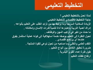 ‫التعليمي‬ ‫التخطيط‬
‫؟‬ ‫التعليمي‬ ‫بالتخطيط‬ ‫نعمل‬ ‫لماذا‬
‫التعليمي‬ ‫للتخطيط‬ ‫االقتصادي‬ ‫التخطيط‬ ‫حاجة‬
‫بأن‬ ‫التعليم‬ ‫على‬ ‫الطلب‬ ‫تزايد‬ ‫من‬ ‫بها‬ ‫يرتبط‬ ‫وما‬ ‫السريعة‬ ‫السكانية‬ ‫الزيادة‬‫واعه‬.
‫وإمكاناته‬ ‫اإلنسان‬ ‫قدرات‬ ‫لتنمية‬ ‫أداة‬ ‫باعتبارها‬ ‫التربية‬ ‫أهمية‬ ‫إدراك‬.
‫والوظائف‬ ‫المهن‬ ‫تركيب‬ ‫في‬ ‫تغير‬ ‫من‬ ‫حدث‬ ‫ما‬.
‫استثما‬ ‫عملية‬ ‫كونه‬ ‫إلى‬ ‫استهالكية‬ ‫خدمة‬ ‫بوصفه‬ ‫التعليم‬ ‫إلى‬ ‫النظرة‬ ‫تحول‬‫يفوق‬ ‫ر‬
‫اقتصادي‬ ‫برنامج‬ ‫أي‬ ‫عائدها‬.
‫المنتجة‬ ‫للقوة‬ ‫نوعي‬ ‫تحول‬ ‫من‬ ‫صاحبه‬ ‫وما‬ ‫والتقني‬ ‫العلمي‬ ‫التقدم‬.
‫التعليم‬ ‫أنواع‬ ‫بين‬ ‫التكامل‬ ‫تحقيق‬ ‫ضرورة‬.
‫البشرية‬ ‫القوى‬ ‫إعداد‬ ‫فترة‬ ‫طول‬.
‫التعليم‬ ‫نفقات‬ ‫ارتفاع‬
 