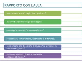 sono attento a tutti? taglio fuori qualcuno?
osservo bene? mi accorgo dei bisogni?
coinvolgo le persone? sono accogliente?
so ascoltare, comprendere, valorizzare le differenze?
sono attento alle dinamiche di gruppo? so stimolare la
coesione di gruppo?
so creare un clima disteso e favorevole
all'apprendimento?
RAPPORTO CON L’AULA
 