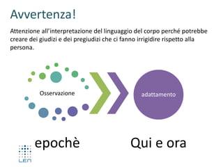 Avvertenza!
Attenzione all’interpretazione del linguaggio del corpo perché potrebbe
creare dei giudizi e dei pregiudizi che ci fanno irrigidire rispetto alla
persona.
Osservazione
epochè
adattamento
Qui e ora
 