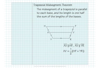 Trapezoid Midsegment Theorem
The midsegment of a trapezoid is parallel
to each base, and its length is one half
the sum of the lengths of the bases.
>
>
H
A
Y
F
V
R
AV HF, AV YR
( )
1
AV HF YR
2
= +
 