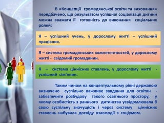 В «Концепції громадянської освіти та виховання»
передбачено, що результатом успішної соціалізації дитини
можна вважати її готовність до виконання соціальних
ролей:
Я – успішний учень, у дорослому житті – успішний
працівник.
Я – система громадянських компетентностей, у дорослому
житті - свідомий громадянин.
Я – система ціннісних ставлень, у дорослому житті -
успішний сім’янин.
Таким чином на концептуальному рівні державою
визначено суспільно важливе завдання для освітян -
забезпечити розбудову такого освітнього простору, у
якому особистість з раннього дитинства усвідомлювала б
свою суспільну значущість і через систему ціннісних
ставлень набувала досвіду взаємодії з соціумом.
 