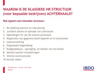 HR Conference – Luc Elen – 26.01.2017
Page 26
WAAROM IS DE KLASSIEKE HR STRUCTUUR
(voor bepaalde bedrijven) ACHTERHAALD?
Wat typeert een klassieke structuur:
1. De afdeling selectie en rekrutering
2. Juridisch advies en opmaak van contracten
3. Opleidingen ifv van de interne processen
4. Registratie van gegevens bleef beperkt en is functioneel
5. Loonverwerking
6. Organisatie begeleiding
7. Budgetopbouw, -opvolging, en beheer van de kosten
8. Allerlei soorten verzekeringen
9. Interne communicatie
10.Sociale zaken
 