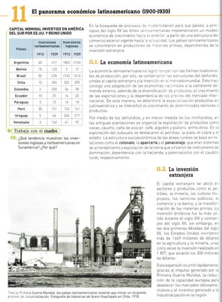 El panorama económico latinoamericano (1900-1930)
cAprrAL NoMTNAL TNVERTTDo EN nI4ÉRtca
DEL SUR POR EE.UU. Y REINO UNIDO
r lnversiones ' lnversiones ,
norteamericanas ingl.esas
Países
Argentila
BoIivia
: Brasit '
, Chil.e
1913 , 1929 1913 1929'
4a 611 1 Bó0 ?1 4A
50 476 .1162
:, 1414 ,
15 39ó : 332 , 3?0
2 i250i34 i38.
10 25 14 23
-:,
t:i
3 15 ' "6 ',B
Trahaja **:a *i cuadro
¿Qué tendencia muestran [as inver-
siones ingtesas y norteamericanas en
Suramérica? ¿Por qué?
En [a búsqueda de proces.: ]: --'::"nización para sus paises, a prir-
cipios deL sigLo XX [as élrtes .= ' -.^- ='.anas impLementaTon un mode[:
económico de crecimiento ha: - -. -..:'ior, a partir de una estructura de
comercio exterior vigente hast¿ .= - -' ,'.. cad Los países [at noamer cano-'
se convirtie[on en productor;. := '-:..-:s primas, depend entes de l:
inversión extranjera.
La economía latinoamericana
La economia latinoamericana no [o!-: -:^^::- con Las formas tradiciona
Les de producción; por e[[0, se conser'.---^ :: estTucturas deL Latrfund c
unidas aLcapitaLextranlero y La inserc ór =- =.
^-:rcado mundiaL. Esto tral -
consigo una adaptacrón de Las economi¿. '=- --:Les a [a cambtante de -
manda externa, además de [a dlversificac:- := :--. uctos, eIcrecimient-
de Las exportaciones y [a dependencia de,cs:-:::s deL mercado inter
naciona[. De esta manera, se determinó La esp=, -. zac ón productiva e-
Latinoamérica y se intensificó eL crecim ento d:::.='n ¡ados sectores,
p rod u ctos.
Por med o de Los latrfundios, y en menor med da de los mintfundros, e-
[as antrguas p[antaciones se organ zó La expLotaciór de productos com,
cacao, caucho, caña de azúcar, café, aLgodón y p[átano, entre otros. En l.
explotación deL subsueLo se destacaron eI petró[eo, [a p[ata, eL cobre y e
estaño La estructura socioeconómica de |.as áreas ruraLes se basó en re
aciones co^ro e cotonato, La aparcería y' eLyanaconaje qle eral s sLe^t¿
de arrendamiento y explotación de La tierra que sirvieron de tnstrumento d=
dominación, dependencia con la hacienda, y paternaLismo con eL caudil.:
ruraL, respectiva mente.
[a inversión
extfaniefa
EI caprtaL extranjero se ubicó e-
sectores y productos como eI pe-
tróLeo, La minería, Los cuLtivos trc
p caIes, Los servicios púbLicos, e
comercio y La banca, y La transfor-
mación de Las materias primas. L.
lnversión brtánrca fue La más só-
|da durante eL s glo XIX y com er-
zos del siglo XX; sin embargo, e-
Las dos pri meras décadas deL sigl-
XX Los Estados Unidos invirtierc
más de ló49 mrllones de dóLare.
en La agricuLtura y La minería, una-
cinco veces La inversión reaLizada e-
1 897 que alcanzó los 308 miL[one.
de dóLares.
Esta expansión ocurrió rápidamente
gracias aL impuLso generado por l.
Primera Guerra MundiaL La reduc-
ción de La capacidad europea par.
abastecer Los mercados Latinoame
ricanos y eL incentivo generado a l.
industriaLrzación en La región.
f
IColombia
Ecuador
I Paraguay
Perú i
--*-**-**+*
Uruguay i
-*****--t
Venezuela i
*..'.,**.-- L-
i133ir41j
---.j
iztoizv:
atr i 1tr]JJ I rJ
--*-t-*---56L
3 162 41 92r_
I
I
-='a Guerra Mundiat, [os países Latinoamericanos tuvieron que iniciar un incipiente
':tstria[ización. Fotografía de lndustrias de Acero Huachipato en Chite,1?18.
Ir ¿-
KK
u&
 