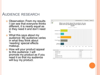 AUDIENCE RESEARCH
 Observation: From my results
I can see that everyone thinks
different, it is nearly equal as
in they need it and don’t need
it.
 What this says about my
audience: My audience varies
in what they think about
‘needing’ special effects
makeup.
 How will your product appeal
to this audience: I will
promote my product as if you
need it so that my audience
will buy my product.
 