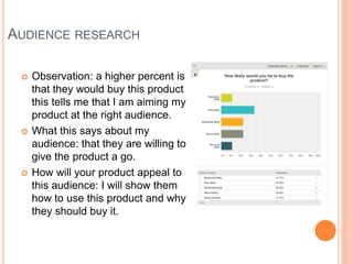 AUDIENCE RESEARCH
 Observation: a higher percent is
that they would buy this product
this tells me that I am aiming my
product at the right audience.
 What this says about my
audience: that they are willing to
give the product a go.
 How will your product appeal to
this audience: I will show them
how to use this product and why
they should buy it.
 
