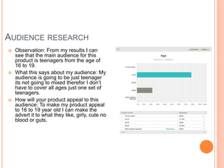 AUDIENCE RESEARCH
 Observation: From my results I can
see that the main audience for this
product is teenagers from the age of
16 to 19.
 What this says about my audience: My
audience is going to be just teenager
its not going to mixed therefor I don’t
have to cover all ages just one set of
teenagers.
 How will your product appeal to this
audience: To make my product appeal
to 16 to 19 year old I can make the
advert it to what they like, girly, cute no
blood or guts.
 