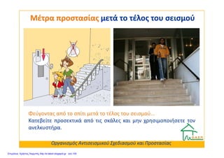 Μέτρα προστασίαςΜέτρα προστασίας μετά το τέλος του σεισμούμετά το τέλος του σεισμού
Φεύγοντας από το σπίτι μετά το τέλος του σεισμού...
Κατεβείτε προσεκτικά από τις σκάλες και μην χρησιμοποιήσετε τον
ανελκυστήρα.
Οργανισμός Αντισεισμικού Σχεδιασμού και Προστασίας
Επιμέλεια: Χρήστος Χαρμπής http://e-taksh.blogspot.gr σελ.105
 