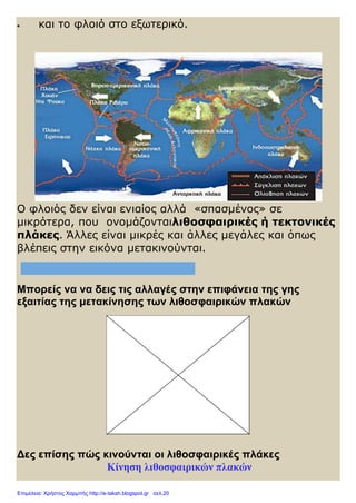 και το φλοιό στο εξωτερικό.
Ο φλοιός δεν είναι ενιαίος αλλά «σπασμένος» σε
μικρότερα, που ονομάζονταιλιθοσφαιρικές ή τεκτονικές
πλάκες. Άλλες είναι μικρές και άλλες μεγάλες και όπως
βλέπεις στην εικόνα μετακινούνται.
Μπορείς να να δεις τις αλλαγές στην επιφάνεια της γης
εξαιτίας της μετακίνησης των λιθοσφαιρικών πλακών
Δες επίσης πώς κινούνται οι λιθοσφαιρικές πλάκες
Κίνηση λιθοσφαιρικών πλακών
Επιμέλεια: Χρήστος Χαρμπής http://e-taksh.blogspot.gr σελ.20
 