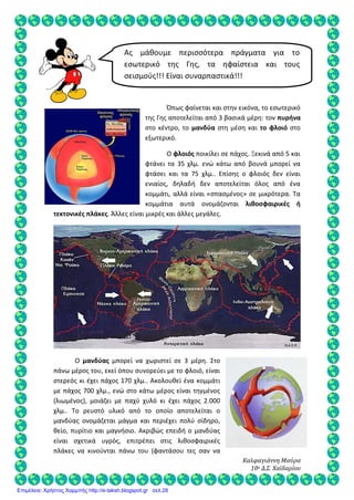 Καλφαγιάννη Μαύρα
10ο Δ.Σ. Χαϊδαρίου
Όπως φαίνεται και στην εικόνα, το εσωτερικό
της Γης αποτελείται από 3 βασικά μέρη: τον πυρήνα
στο κέντρο, το μανδύα στη μέση και το φλοιό στο
εξωτερικό.
Ο φλοιός ποικίλει σε πάχος. Ξεκινά από 5 και
φτάνει τα 35 χλμ. ενώ κάτω από βουνά μπορεί να
φτάσει και τα 75 χλμ.. Επίσης ο φλοιός δεν είναι
ενιαίος, δηλαδή δεν αποτελείται όλος από ένα
κομμάτι, αλλά είναι «σπασμένος» σε μικρότερα. Τα
κομμάτια αυτά ονομάζονται λιθοσφαιρικές ή
τεκτονικές πλάκες. Άλλες είναι μικρές και άλλες μεγάλες.
Ο μανδύας μπορεί να χωριστεί σε 3 μέρη. Στο
πάνω μέρος του, εκεί όπου συνορεύει με το φλοιό, είναι
στερεός κι έχει πάχος 170 χλμ.. Ακολουθεί ένα κομμάτι
με πάχος 700 χλμ., ενώ στο κάτω μέρος είναι τηγμένος
(λιωμένος), μοιάζει με παχύ χυλό κι έχει πάχος 2.000
χλμ.. Το ρευστό υλικό από το οποίο αποτελείται ο
μανδύας ονομάζεται μάγμα και περιέχει πολύ σίδηρο,
θείο, πυρίτιο και μαγνήσιο. Ακριβώς επειδή ο μανδύας
είναι σχετικά υγρός, επιτρέπει στις λιθοσφαιρικές
πλάκες να κινούνται πάνω του (φαντάσου τες σαν να
Ας μάθουμε περισσότερα πράγματα για το
εσωτερικό της Γης, τα ηφαίστεια και τους
σεισμούς!!! Είναι συναρπαστικά!!!
Επιμέλεια: Χρήστος Χαρμπής http://e-taksh.blogspot.gr σελ.28
 