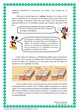 Καλφαγιάννη Μαύρα
10ο Δ.Σ. Χαϊδαρίου
γλιστρούν) προκαλώντας τη μετατόπιση των ηπείρων, τους σεισμούς και τα
ηφαίστεια.
Κάτω από το μανδύα βρίσκεται ο πυρήνας. Χωρίζουμε τον πυρήνα σε δυο
μέρη, τον εξωτερικό και τον εσωτερικό. Ο εξωτερικός πυρήνας είναι υγρός κι έχει
πάχος 2.100 χλμ.. Αποτελείται κυρίως από υγρό σίδηρο κι εκεί δημιουργείται το
μαγνητικό πεδίο της Γης. Ο εσωτερικός πυρήνας είναι στερεός κι έχει ακτίνα 1.370
χλμ..
Όπως είπαμε και παραπάνω, οι λιθοσφαιρικές πλάκες έχουν τη δυνατότητα
να κινούνται. Αυτό το κάνουν με 3 διαφορετικούς τρόπους: είτε απομακρύνονται η
μία από την άλλη, είτε πλησιάζουν και η μία μπαίνει κάτω από την άλλη, είτε
«τρίβονται» η μια παράλληλα στην άλλη.
Από τις μεγάλες πιέσεις που δημιουργούνται κατά την κίνηση των πλακών,
τα πετρώματα σπάνε απότομα. Τότε το έδαφος αρχίζει να ταλαντεύεται κι έχουμε
σεισμό. Οι επιστήμονες χρησιμοποιώντας σεισμογράφους εντοπίζουν το επίκεντρο
κάθε σεισμού (δηλαδή το σημείο από όπου ξεκίνησε), το μέγεθος και την έντασή
του. Το μέγεθος του σεισμού το μετρούν με την κλίμακα Ρίχτερ ενώ την ένταση με
την κλίμακα Μερκάλι.
Και πώς τα ξέρουμε όλα αυτά; Έχουν σκάψει οι
επιστήμονες τόσο βαθιά;;;
Δεν μπορούμε να σκάψουμε τόσο βαθιά! Σκέψου ότι η
θερμοκρασία στο μανδύα φτάνει τους 4.000 βαθμούς
Κελσίου. Θα γινόμασταν τηγανίτες!!! Οι επιστήμονες
μελετούν τους σεισμούς και καταλαβαίνουν έτσι πώς
είναι το εσωτερικό της Γης. Το βαθύτερο που έχουμε
καταφέρει να σκάψουμε είναι 15 χλμ.
Επιμέλεια: Χρήστος Χαρμπής http://e-taksh.blogspot.gr σελ.29
 