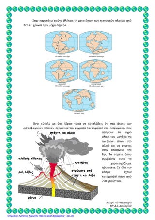 Καλφαγιάννη Μαύρα
10ο Δ.Σ. Χαϊδαρίου
Στην παρακάτω εικόνα βλέπεις τη μετατόπιση των τεκτονικών πλακών από
225 εκ. χρόνια πριν μέχρι σήμερα.
Είναι εύκολο με όσα ξέρεις τώρα να καταλάβεις ότι στις άκρες των
λιθοσφαιρικών πλακών σχηματίζονται ρήγματα (ανοίγματα) στα πετρώματα, που
αφήνουν το υγρό
υλικό του μανδύα να
ανεβαίνει πάνω στο
φλοιό και να χύνεται
στην επιφάνεια της
Γης. Τα σημεία όπου
συμβαίνει αυτό τα
χαρακτηρίζουμε
ηφαίστεια. Σε όλο τον
κόσμο έχουν
καταγραφεί πάνω από
700 ηφαίστεια.
Επιμέλεια: Χρήστος Χαρμπής http://e-taksh.blogspot.gr σελ.30
 