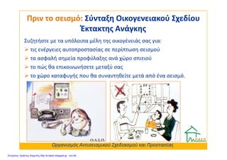 Πριν το σεισμό:Πριν το σεισμό: Σύνταξη Οικογενειακού ΣχεδίουΣύνταξη Οικογενειακού Σχεδίου
Έκτακτης ΑνάγκηςΈκτακτης Ανάγκης
Συζητήστε με τα υπόλοιπα μέλη της οικογένειάς σας για:
τις ενέργειες αυτοπροστασίας σε περίπτωση σεισμού
τα ασφαλή σημεία προφύλαξης ανά χώρο σπιτιού
το πώς θα επικοινωνήσετε μεταξύ σας
το χώρο καταφυγής που θα συναντηθείτε μετά από ένα σεισμό.
Οργανισμός Αντισεισμικού Σχεδιασμού και Προστασίας
Επιμέλεια: Χρήστος Χαρμπής http://e-taksh.blogspot.gr σελ.84
 