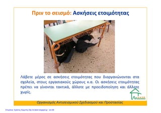 Πριν το σεισμό:Πριν το σεισμό: Ασκήσεις ετοιμότηταςΑσκήσεις ετοιμότητας
Λάβετε μέρος σε ασκήσεις ετοιμότητας που διοργανώνονται στα
σχολεία, στους εργασιακούς χώρους κ.α. Οι ασκήσεις ετοιμότητας
πρέπει να γίνονται τακτικά, άλλοτε με προειδοποίηση και άλλοτε
χωρίς.
Οργανισμός Αντισεισμικού Σχεδιασμού και Προστασίας
Επιμέλεια: Χρήστος Χαρμπής http://e-taksh.blogspot.gr σελ.86
 
