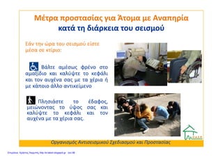 Εάν την ώρα του σεισμού είστε
μέσα σε κτίριο:
Βάλτε αμέσως φρένο στο
αμαξίδιο και καλύψτε το κεφάλι
και τον αυχένα σας με τα χέρια ή
Μέτρα προστασίας για Άτομα με ΑναπηρίαΜέτρα προστασίας για Άτομα με Αναπηρία
κατά τη διάρκεια του σεισμούκατά τη διάρκεια του σεισμού
και τον αυχένα σας με τα χέρια ή
με κάποιο άλλο αντικείμενο
Πλησιάστε το έδαφος,
μειώνοντας το ύψος σας και
καλύψτε το κεφάλι και τον
αυχένα με τα χέρια σας.
Οργανισμός Αντισεισμικού Σχεδιασμού και Προστασίας
Επιμέλεια: Χρήστος Χαρμπής http://e-taksh.blogspot.gr σελ.98
 