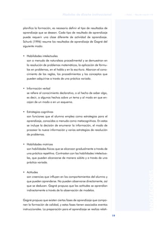 19
Modelos de diseño instruccional
ANOTACIONES
© FUOC • P06/M1103/01179
planifica la formación, es necesario definir el tipo de resultados de
aprendizaje que se desean. Cada tipo de resultado de aprendizaje
puede requerir una clase diferente de actividad de aprendizaje.
Schunk (1996) resume los resultados de aprendizaje de Gagné del
siguiente modo:
• Habilidades intelectuales
son a menudo de naturaleza procedimental y se demuestran en
la resolución de problemas matemáticos, la aplicación de fórmu-
las en problemas, en el habla y en la escritura. Abarcan el cono-
cimiento de las reglas, los procedimientos y los conceptos que
pueden adquirirse a través de una práctica variada.
• Información verbal
se refiere al conocimiento declarativo, o al hecho de saber algo,
es decir, a algunos hechos sobre un tema y al modo en que en-
cajan de un modo o en un esquema.
• Estrategias cognitivas
son funciones que el alumno emplea como estrategias para el
aprendizaje, conocidas a menudo como metacognitivas. En estas
se incluye la decisión de enumerar la información, el modo de
procesar la nueva información y varias estrategias de resolución
de problemas.
• Habilidades motrices
son habilidades físicas que se alcanzan gradualmente a través de
una práctica repetitiva. Contrastan con las habilidades intelectua-
les, que pueden alcanzarse de manera súbita y a través de una
práctica variada.
• Actitudes
son creencias que influyen en los comportamientos del alumno y
que pueden aprenderse. No pueden observarse directamente, así
que se deducen. Gagné propuso que las actitudes se aprendían
indirectamente a través de la observación de modelos.
Gagné propuso que existen ciertas fases de aprendizaje que compo-
nen la formación de calidad, y estas fases tienen asociados eventos
instruccionales. La preparación para el aprendizaje se realiza relati-
 