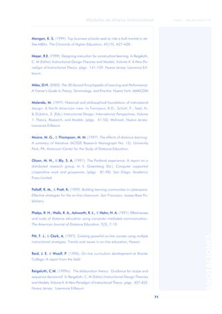 71
Modelos de diseño instruccional
ANOTACIONES
© FUOC • P06/M1103/01179
Mangan, K. S. (1999). Top business schools seek to ride a bull market in on-
line MBA's. The Chronicle of Higher Education, 45(19), A27-A28.
Mayer, R.E. (1999). Designing instruction for constructivist learning. In Reigeluth,
C. M (Editor) Instructional-Design Theories and Models, Volume II: A New Pa-
radigm of Instructional Theory. págs. 141-159. Nueva Jersey: Lawrence Erl-
baum.
Miles, D.H. (2003). The 30-Second Encyclopedia of Learning and Performance:
A Trainer’s Guide to Theory, Terminology, and Practice. Nueva York: AMACOM
Molenda, M. (1997). Historical and philosophical foundations of instructional
design: A North American view. In Tennyson, R.D., Schott, F., Seel, N.
& Dijkstra, S. (Eds.) Instructional Design: International Perspectives, Volume
1: Theory, Research, and Models. (págs. 41-53). Mahwah, Nueva Jersey:
Lawrence Erlbaum.
Moore, M. G., & Thompson, M. M. (1997). The effects of distance learning:
A summary of literature (ACSDE Research Monograph No. 15). University
Park, PA: American Center for the Study of Distance Education.
Olson, M. H., & Bly, S. A. (1991). The Portland experience: A report on a
distributed research group. In S. Greenberg (Ed.), Computer supported
cooperative work and groupware, (págs. 81-98). San Diego: Academic
Press Limited.
Palloff, R. M., & Pratt, K. (1999). Building learning communities in cyberspace:
Effective strategies for the on-line classroom. San Francisco: Jossey-Bass Pu-
blishers.
Phelps, R. H., Wells, R. A., Ashworth, R. L., & Hahn, H. A. (1991). Effectiveness
and costs of distance education using computer-mediated communication.
The American Journal of Distance Education, 5(3), 7-19.
Pitt, T. J., & Clark, A. (1997). Creating powerful on-line courses using multiple
instructional strategies. Trends and issues in on-line education, Hawaii.
Reid, J. E. & Woolf, P. (1996). On-line curriculum development at Shorter
College: A report from the field.
Reigeluth, C.M. (1999a). The elaboration theory: Guidance for scope and
sequence decisions? In Reigeluth, C. M (Editor) Instructional-Design Theories
and Models, Volume II: A New Paradigm of Instructional Theory. págs. 427-453.
Nueva Jersey: Lawrence Erlbaum.
 