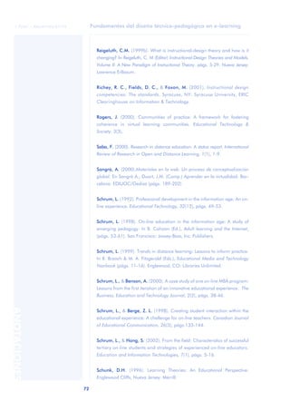 Fundamentos del diseño técnico-pedagógico en e-learning
72
ANOTACIONES
© FUOC • P06/M1103/01179
Reigeluth, C.M. (1999b). What is instructional-design theory and how is it
changing? In Reigeluth, C. M (Editor) Instructional-Design Theories and Models,
Volume II: A New Paradigm of Instructional Theory. págs. 5-29. Nueva Jersey:
Lawrence Erlbaum.
Richey, R. C., Fields, D. C., & Foxon, M. (2001). Instructional design
competencies: The standards. Syracuse, NY: Syracuse University, ERIC
Clearinghouse on Information & Technology.
Rogers, J. (2000). Communities of practice: A framework for fostering
coherence in virtual learning communities. Educational Technology &
Society, 3(3),
Saba, F. (2000). Research in distance education: A status report. International
Review of Research in Open and Distance Learning, 1(1), 1-9.
Sangrà, A. (2000).Materiales en la web. Un proceso de conceptualización
global. En Sangrà A., Duart, J.M. (Comp.) Aprender en la virtualidad. Bar-
celona: EDIUOC/Gedisa (págs. 189-202)
Schrum, L. (1992). Professional development in the information age: An on-
line experience. Educational Technology, 32(12), págs. 49-53.
Schrum, L. (1998). On-line education in the information age: A study of
emerging pedagogy. In B. Cahoon (Ed.), Adult learning and the Internet,
(págs. 53-61). San Francisco: Jossey-Bass, Inc. Publishers.
Schrum, L. (1999). Trends in distance learning: Lessons to inform practice.
In R. Branch & M. A. Fitzgerald (Eds.), Educational Media and Technology
Yearbook (págs. 11-16). Englewood, CO: Libraries Unlimited.
Schrum, L., & Benson, A. (2000). A case study of one on-line MBA program:
Lessons from the first iteration of an innovative educational experience. The
Business, Education and Technology Journal, 2(2), págs. 38-46.
Schrum, L., & Berge, Z. L. (1998). Creating student interaction within the
educational experience: A challenge for on-line teachers. Canadian Journal
of Educational Communication, 26(3), págs.133-144.
Schrum, L., & Hong, S. (2002). From the field: Characteristics of successful
tertiary on-line students and strategies of experienced on-line educators.
Education and Information Technologies, 7(1), págs. 5-16.
Schunk, D.H. (1996). Learning Theories: An Educational Perspective.
Englewood Cliffs, Nueva Jersey: Merrill.
 