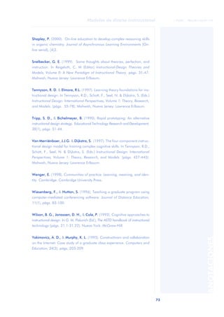 73
Modelos de diseño instruccional
ANOTACIONES
© FUOC • P06/M1103/01179
Shapley, P. (2000). On-line education to develop complex reasoning skills
in organic chemistry. Journal of Asynchronous Learning Environments [On-
line serial], (4)2.
Snelbecker, G. E. (1999). Some thoughts about theories, perfection, and
instruction. In Reigeluth, C. M (Editor) Instructional-Design Theories and
Models, Volume II: A New Paradigm of Instructional Theory. págs. 31-47.
Mahwah, Nueva Jersey: Lawrence Erlbaum.
Tennyson, R. D. & Elmore, R.L. (1997). Learning theory foundations for ins-
tructional design. In Tennyson, R.D., Schott, F., Seel, N. & Dijkstra, S. (Eds.)
Instructional Design: International Perspectives, Volume 1: Theory, Research,
and Models. (págs. 55-78). Mahwah, Nueva Jersey: Lawrence Erlbaum.
Tripp, S. D., & Bichelmeyer, B. (1990). Rapid prototyping: An alternative
instructional design strategy. Educational Technology Research and Development,
38(1), págs. 31-44.
Van Merriënboer, J.J.G. & Dijkstra, S. (1997). The four-component instruc-
tional design model for training complex cognitive skills. In Tennyson, R.D.,
Schott, F., Seel, N. & Dijkstra, S. (Eds.) Instructional Design: International
Perspectives, Volume 1: Theory, Research, and Models. (págs. 427-445).
Mahwah, Nueva Jersey: Lawrence Erlbaum.
Wenger, E. (1998). Communities of practice: Learning, meaning, and iden-
tity. Cambridge: Cambridge University Press.
Wiesenberg, F., & Hutton, S. (1996). Teaching a graduate program using
computer-mediated conferencing software. Journal of Distance Education,
11(1), págs. 83-100.
Wilson, B. G., Jonassen, D. H., & Cole, P. (1993). Cognitive approaches to
instructional design. In G. M. Piskurich (Ed.), The ASTD handbook of instructional
technology (págs. 21.1-21.22). Nueva York: McGraw-Hill.
Yakimovicz, A. D., & Murphy, K. L. (1995). Constructivism and collaboration
on the Internet: Case study of a graduate class experience. Computers and
Education, 24(3), págs. 203-209.
 