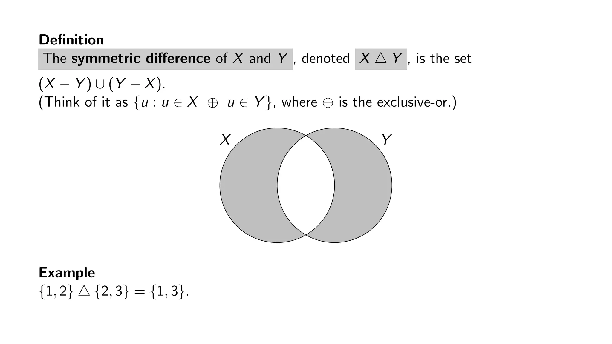 Definition
The symmetric difference of X and Y , denoted X Y , is the set
(X − Y ) ∪ (Y − X).
(Think of it as {u : u ∈ X ⊕ u ∈ Y }, where ⊕ is the exclusive-or.)
X Y
Example
{1, 2} {2, 3} = {1, 3}.