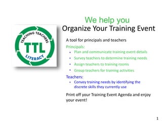 We help you
Organize Your Training Event
A tool for principals and teachers
Principals:
Plan and communicate training event details
Survey teachers to determine training needs
Assign teachers to training rooms
Group teachers for training activities
Teachers:
Convey training needs by identifying the
discrete skills they currently use
Print off your Training Event Agenda and enjoy
your event!
1
 