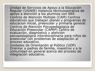  Unidad de Servicios de Apoyo a la Educación
Regular (USAER) instancia técnicooperativa de
apoyo a atención a los alumnos con NEE.
 Centros de Atención Múltiple (CAM) Centros
educativos que trabajan planes y programas de
educacion inicial, preescolar y primaria general.
 Centros de Atención Psicopedagógica de
Educación Preescolar (CAPEP) Centro de
evaluación, diagnóstico y atención
psicopedagógica interdisciplinaria para niños de
preescolar con problemas de adaptación al
proceso educativo.
 Unidades de Orientación al Público (UOP)
Orientar a padres de familia, maestros y a la
comunidad en general acerca del proceso de
integración educativo.
 