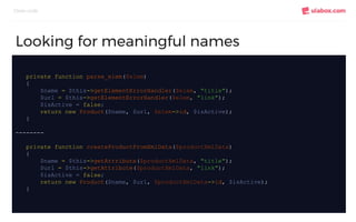 Clean code
Looking for meaningful names
private function parse_elem($elem)
{
$name = $this->getElementErrorHandler($elem, "title");
$url = $this->getElementErrorHandler($elem, "link");
$isActive = false;
return new Product($name, $url, $elem->id, $isActive);
}
--------
private function createProductFromXmlData($productXmlData)
{
$name = $this->getAttribute($productXmlData, "title");
$url = $this->getAttribute($productXmlData, "link");
$isActive = false;
return new Product($name, $url, $productXmlData->id, $isActive);
}
 