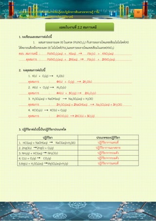 เอกสารประกอบการจัดกิจกรรมการเรียนรู้แบบวัฏจักรการสืบเสาะหาความรู้ 7 ขั้น
เรื่อง การเปลี่ยนแปลงพลังงานและการเกิดปฏิกิริยาเคมี
6. HCl(aq) + NaOH(aq)  NaCl(aq)+H2O(l) ปฏิกิริยานี้ เป็นปฏิกิริยาประเภทใด
ก. การรวมตัว ข. การแยกสลาย
ค. การแทนที่ ง. การสะเทิน
7. 2H2O(l) ----> 2H2(g) + O2(g) ปฏิกิริยานี้ เป็นปฏิกิริยาประเภทใด
ก. การรวมตัว ข. การแยกสลาย
ค. การแทนที่ ง. การสะเทิน
8. เมื่อสารตั้งต้น 2 ตัว ทาปฏิกิริยากัน ดังนี้
สารผลิตภัณฑ์คือข้อใด
ก.
ข.
ค.
ง.
9. ผสมสารละลายเลด (II) ไนเตรต (Pb(NO3)2) กับสารละลายโพแทสเซียมไอโอไดด์(KI)
ได้ตะกอนสีเหลืองของเลด (II) ไอโอไดด์(PbI2)และสารละลายโพแทสเซียมไนเตรต(KNO3)
ข้อใดเขียนสมการของปฏิกิริยานี้ได้ถูกต้อง
ก. Pb(NO3)2(aq) + KI(aq) → PbI2(s) + KNO3(aq)
ข. Pb(NO3)2(aq) + KI(aq) → PbI2(aq) + KNO3(aq)
ค. Pb(NO3)2(aq) + 2KI(aq) → PbI2(l) + 2KNO3(aq)
ง. Pb(NO3)2(aq) + 2KI(aq) → PbI2(s) + 2KNO3(aq)
10. รูปแทนปฏิกิริยาระหว่างธาตุ 2 ชนิด
+ →
ก. H2 + Cl2 → 2HCl ข. N2 + O2 → 2NO
ค. 2H2 + O2 → 2H2O ง. 2Na + Cl2 → 2NaCl
**********************************************************************
A B + C D
A B + C D
A B + A C
A D + C D
A D + B C
10
 