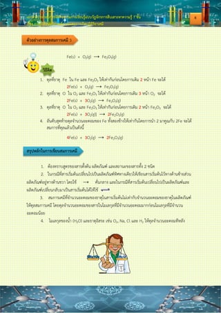 เอกสารประกอบการจัดกิจกรรมการเรียนรู้แบบวัฏจักรการสืบเสาะหาความรู้ 7 ขั้น
เรื่อง การเปลี่ยนแปลงพลังงานและการเกิดปฏิกิริยาเคมี
สมการเคมีที่สมบูรณ์จะต้องมีตัวเลขที่เหมาะสมมาเติมลงข้างหน้าสูตรเคมีหรือสัญลักษณ์ของสารใน
สมการ เพื่อให้จานวนอะตอมของแต่ละธาตุในสารตั้งต้นเท่ากับจานวนอะตอมของแต่ละธาตุในผลิตภัณฑ์
ซึ่งเราเรียกว่า "การดุลสมการ"
หลักการดุลสมการ
1. ทาจานวนอะตอมของธาตุต่าง ๆ ในโมเลกุลใหญ่ที่สุดให้เท่ากันก่อน หลังจากนั้นจึงดุลอะตอมของ
ธาตุที่เล็กลงตามลาดับ
2. หากปฏิกิริยามีกลุ่มอะตอมหรือโมเลกุลให้ดุลเป็นกลุ่มก่อน จากนั้นค่อยดุลธาตุอิสระ (น้า (H2O)
และธาตุอิสระ เช่น O2 ,H2 ,Zn , Na ,Al ให้ดุลเป็นอันดับสุดท้าย)
3. วางสัมประสิทธิ์หน้าสมการเคมีหรือตัวเลขไว้หน้าอะตอมหรือโมเลกุล แล้วนับจานวนแต่ละข้างให้
เท่ากัน
4. บางกรณีอาจจะต้องทาจานวนอะตอมของธาตุทั้ง 2 ข้างของสมการให้เป็นเลขคู่ก่อน เพื่อจะได้ดุล
สมการได้สะดวก
5. ตรวจสอบความถูกต้อง
ตัวอย่างการเขียนสมการเคมีและการดุลสมการเคมี
1. แก๊สไฮโดรเจน (H2) ทาปฏิกิริยากับแก๊สออกซิเจน (O2) ได้น้า (H2O) ซึ่งมีสถานะเป็นของเหลว เขียน
สมการได้ดังนี้
ขั้นที่ 1 เขียนสมการเคมี ได้ดังนี้
H2(g) + O2(g) → H2O(l)
ขั้นที่ 2 ดุลสมการเคมีได้ดังนี้
H2(g) + O2(g) → 2H2O(l)
2. แก๊สมีเทน (CH4) เมื่อติดไฟรวมกับแก๊สออกซิเจน (O2) ในอากาศจะได้แก๊สคาร์บอนไดออกไซด์ (CO2) และ
ไอน้า (H2O)
ขั้นที่ 1 เขียนสมการเคมี ได้ดังนี้
CH4 (g) + O2(g) → CO2(g) + H2O(g)
ขั้นที่ 2 ดุลสมการเคมีได้ดังนี้
CH4 (g) + 2O2(g) → CO2(g) + 2H2O(g)
4
 