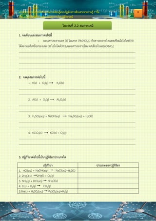 เอกสารประกอบการจัดกิจกรรมการเรียนรู้แบบวัฏจักรการสืบเสาะหาความรู้ 7 ขั้น
เรื่อง การเปลี่ยนแปลงพลังงานและการเกิดปฏิกิริยาเคมี
ตัวอย่างการดุลสมการเคมี 3
Fe(s) + O2(g) → Fe2O3(g)
วิธีคิด
1. ดุลที่ธาตุ Fe ใน Fe และ Fe2O3 ให้เท่ากันก่อนโดยการเติม 2 หน้า Fe จะได้
2Fe(s) + O2(g) → Fe2O3(g)
2. ดุลที่ธาตุ O ใน O2 และ Fe2O3 ให้เท่ากันก่อนโดยการเติม 3 หน้า O2 จะได้
2Fe(s) + 3O2(g) → Fe2O3(g)
3. ดุลที่ธาตุ O ใน O2 และ Fe2O3 ให้เท่ากันก่อนโดยการเติม 2 หน้า Fe2O3 จะได้
2Fe(s) + 3O2(g)] → 2Fe2O3(g)
4. อันดับสุดท้ายดุลจานวนอะตอมของ Fe ทั้งสองข้างให้เท่ากันโดยการนา 2 มาคูณกับ 2Fe จะได้
สมการที่ดุลแล้วเป็นดังนี้
4Fe(s) + 3O2(g) → 2Fe2O3(g)
สรุปหลักในการเขียนสมการเคมี
1. ต้องทราบสูตรของสารตั้งต้น ผลิตภัณฑ์ และสถานะของสารทั้ง 2 ชนิด
2. ในกรณีที่สารเริ่มต้นเปลี่ยนไปเป็นผลิตภัณฑ์ทิศทางเดียวให้เขียนสารเริ่มต้นไว้ทางด้านซ้ายส่วน
ผลิตภัณฑ์อยู่ทางด้านขวา โดยใช้ → คั่นกลาง และในกรณีที่สารเริ่มต้นเปลี่ยนไปเป็นผลิตภัณฑ์และ
ผลิตภัณฑ์เปลี่ยนกลับมาเป็นสารเริ่มต้นได้ให้ใช้
3. สมการเคมีที่จานวนอะตอมของธาตุในสารเริ่มต้นไม่เท่ากับจานวนอะตอมของธาตุในผลิตภัณฑ์
ให้ดุลสมการเคมี โดยดุลจานวนอะตอมของสารในโมเลกุลที่มีจานวนอะตอมมากก่อนโมเลกุลที่มีจานวน
อะตอมน้อย
4. โมเลกุลของน้า (H2O) และธาตุอิสระ เช่น O2, Na, Cl และ H2 ให้ดุลจานวนอะตอมทีหลัง
6
 