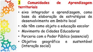3 Comunidades de Aprendizagem
territoriais
• eixo integrador a aprendizagem, como
base da elaboração de estratégias de
desenvolvimento em âmbito local
• não têm como objeto a educação escolar
• Movimento de Cidades Educadoras
• Parceria com o Poder Público (essencial)
• Objetivo geográfico e sustentável
(interação social)
 