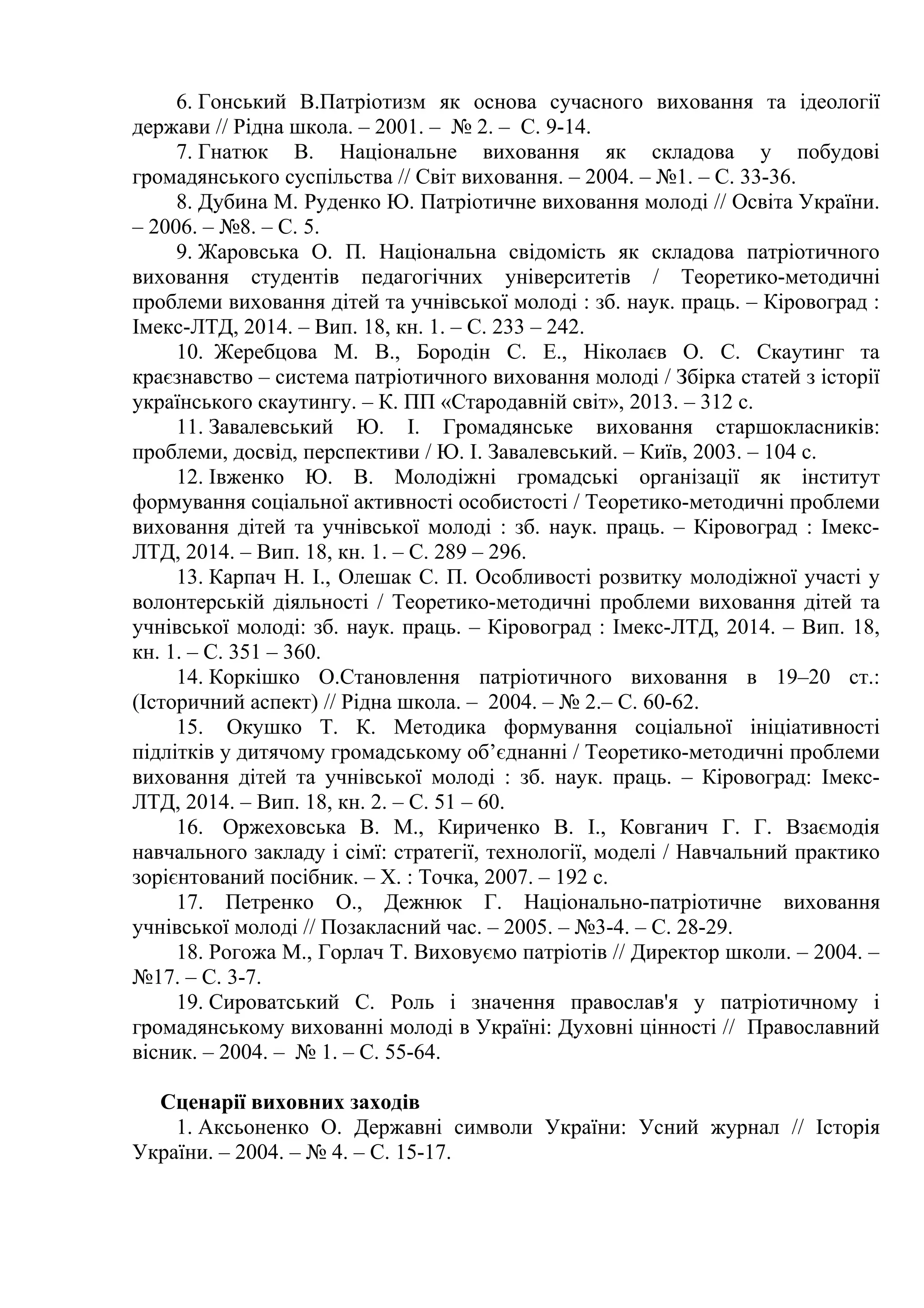 6. Гонський В.Патріотизм як основа сучасного виховання та ідеології
держави // Рідна школа. – 2001. – № 2. – С. 9-14.
7. Гнатюк В. Національне виховання як складова у побудові
громадянського суспільства // Світ виховання. – 2004. – №1. – С. 33-36.
8. Дубина М. Руденко Ю. Патріотичне виховання молоді // Освіта України.
– 2006. – №8. – С. 5.
9. Жаровська О. П. Національна свідомість як складова патріотичного
виховання студентів педагогічних університетів / Теоретико-методичні
проблеми виховання дітей та учнівської молоді : зб. наук. праць. – Кіровоград :
Імекс-ЛТД, 2014. – Вип. 18, кн. 1. – С. 233 – 242.
10. Жеребцова М. В., Бородін С. Е., Ніколаєв О. С. Скаутинг та
краєзнавство – система патріотичного виховання молоді / Збірка статей з історії
українського скаутингу. – К. ПП «Стародавній світ», 2013. – 312 с.
11. Завалевський Ю. І. Громадянське виховання старшокласників:
проблеми, досвід, перспективи / Ю. І. Завалевський. – Київ, 2003. – 104 с.
12. Івженко Ю. В. Молодіжні громадські організації як інститут
формування соціальної активності особистості / Теоретико-методичні проблеми
виховання дітей та учнівської молоді : зб. наук. праць. – Кіровоград : Імекс-
ЛТД, 2014. – Вип. 18, кн. 1. – С. 289 – 296.
13. Карпач Н. І., Олешак С. П. Особливості розвитку молодіжної участі у
волонтерській діяльності / Теоретико-методичні проблеми виховання дітей та
учнівської молоді: зб. наук. праць. – Кіровоград : Імекс-ЛТД, 2014. – Вип. 18,
кн. 1. – С. 351 – 360.
14. Коркішко О.Становлення патріотичного виховання в 19–20 ст.:
(Історичний аспект) // Рідна школа. – 2004. – № 2.– С. 60-62.
15. Окушко Т. К. Методика формування соціальної ініціативності
підлітків у дитячому громадському об’єднанні / Теоретико-методичні проблеми
виховання дітей та учнівської молоді : зб. наук. праць. – Кіровоград: Імекс-
ЛТД, 2014. – Вип. 18, кн. 2. – С. 51 – 60.
16. Оржеховська В. М., Кириченко В. І., Ковганич Г. Г. Взаємодія
навчального закладу і сімї: стратегії, технології, моделі / Навчальний практико
зорієнтований посібник. – Х. : Точка, 2007. – 192 с.
17. Петренко О., Дежнюк Г. Національно-патріотичне виховання
учнівської молоді // Позакласний час. – 2005. – №3-4. – С. 28-29.
18. Рогожа М., Горлач Т. Виховуємо патріотів // Директор школи. – 2004. –
№17. – С. 3-7.
19. Сироватський С. Роль і значення православ'я у патріотичному і
громадянському вихованні молоді в Україні: Духовні цінності // Православний
вісник. – 2004. – № 1. – С. 55-64.
Сценарії виховних заходів
1. Аксьоненко О. Державні символи України: Усний журнал // Історія
України. – 2004. – № 4. – С. 15-17.
 